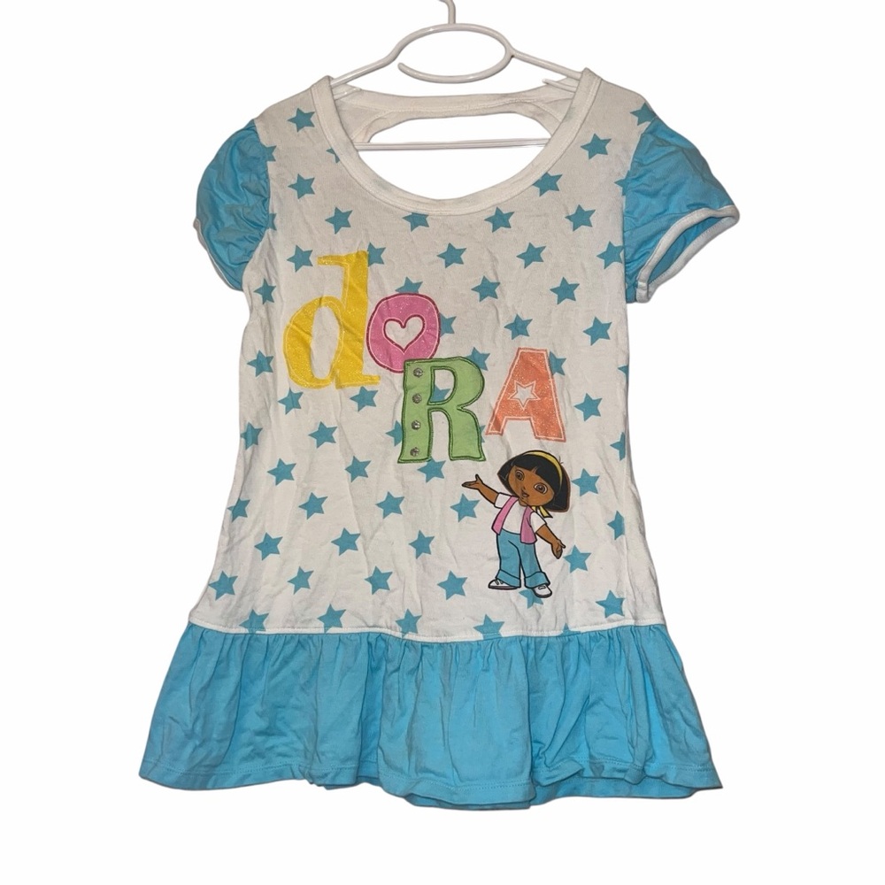 Vtg Nickelodeon White Blue Dora the explorer star ruffle silk screen Top sz 7/8